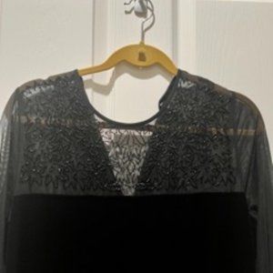 New: Ronni Nicole Maxi Black Mesh Velvet Sheer Beaded Cocktail Dress